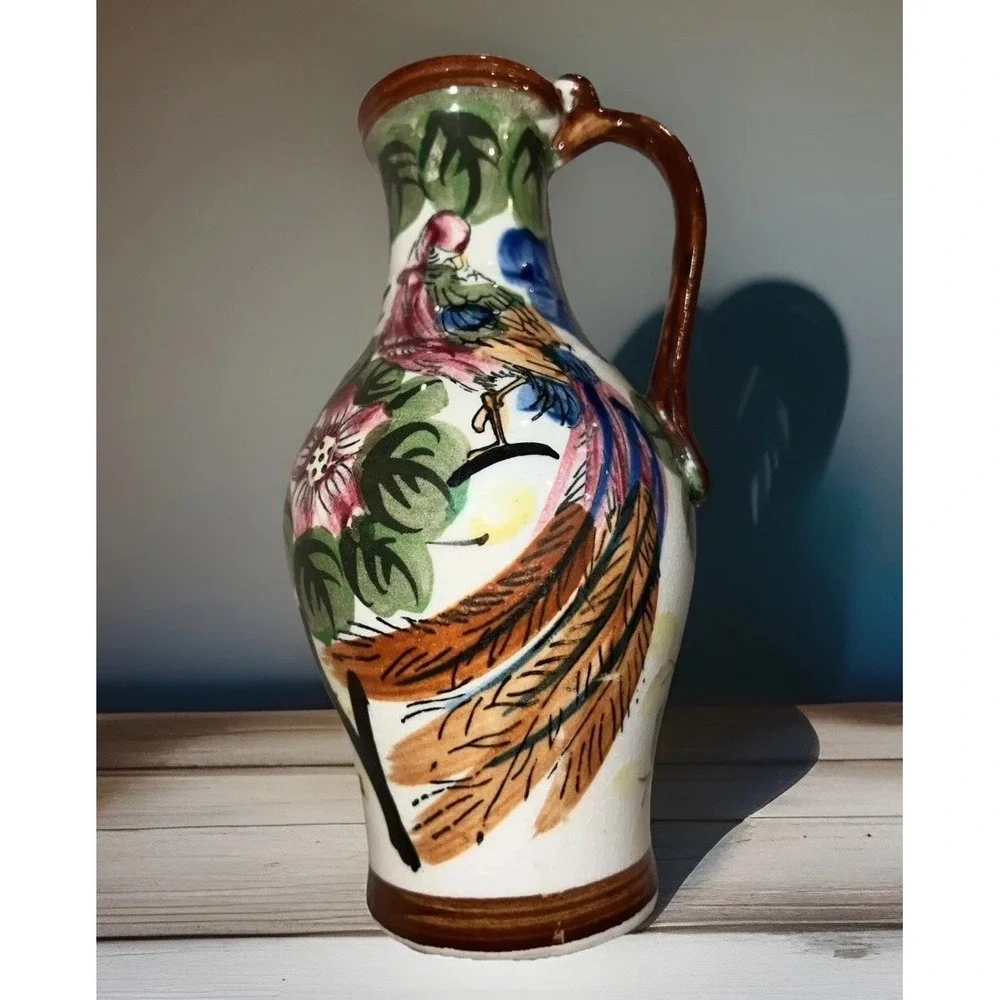 Vintage Hand‎ Painted Floral Peacock Pottery Jug Made in Japan 7.5